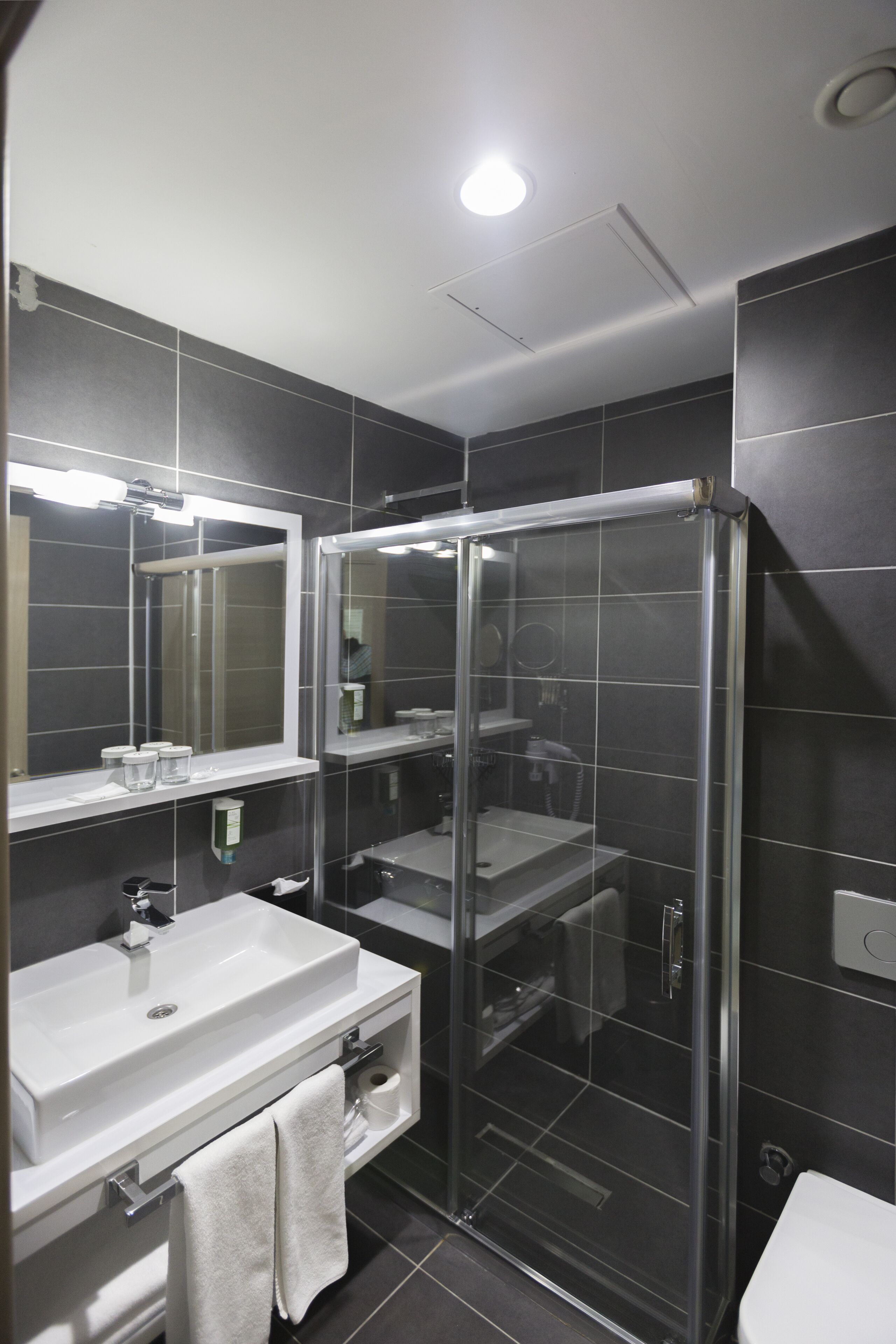 shower, rainfall showerhead, free toiletries, hair dryer