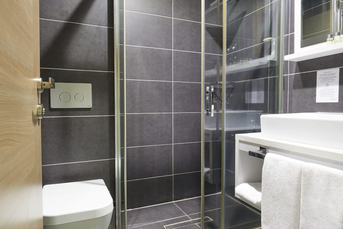 shower, rainfall showerhead, free toiletries, hair dryer