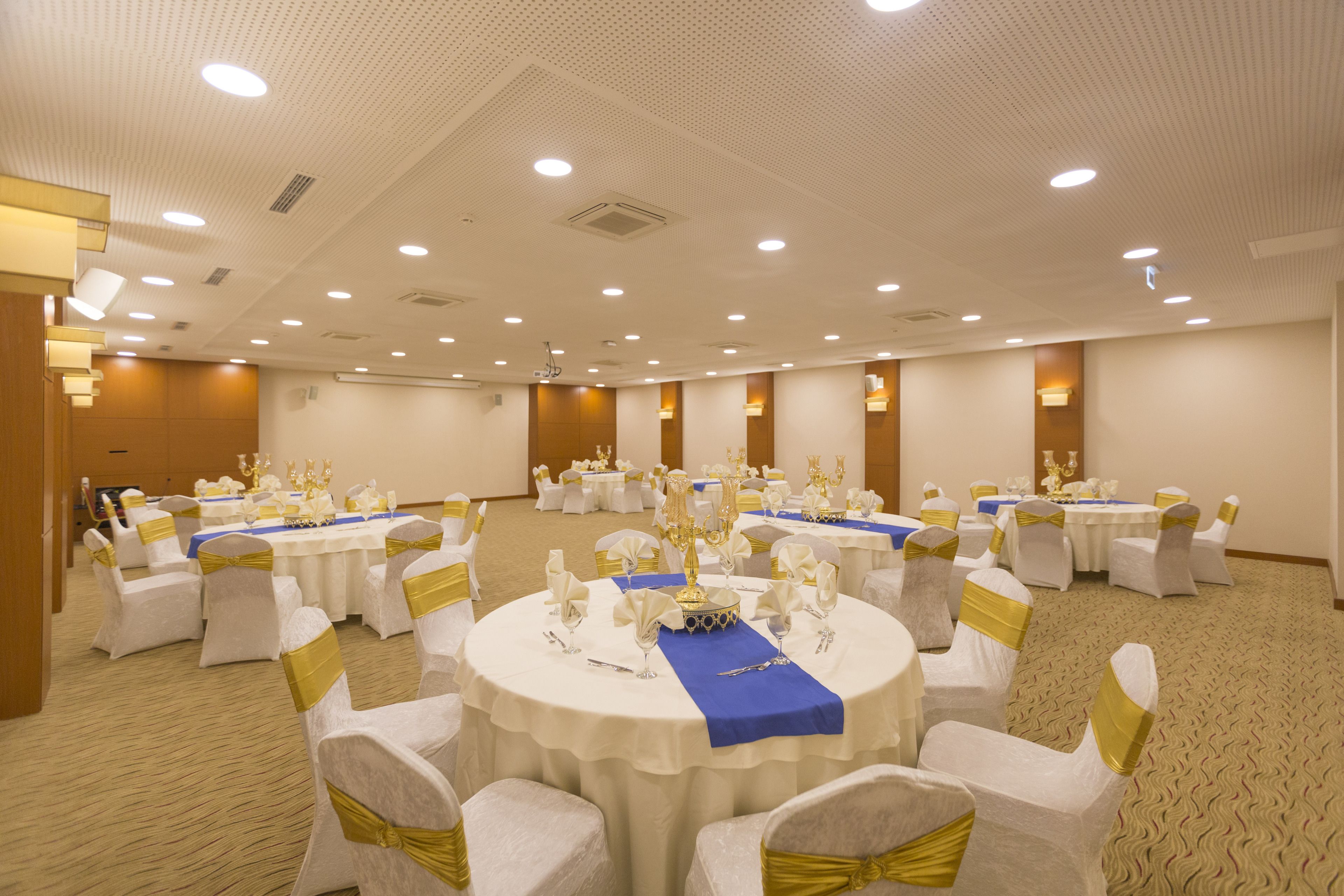 A banquet hall with round tables, white chairs with gold sashes, and blue table runners.