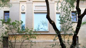 Ein Gebäude mit einem mittleren Eingang, an dessen Seite je ein Fenster und davor ein Baum.