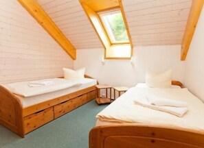 A small, cozy attic bedroom with two beds, wooden beams, and a skylight.