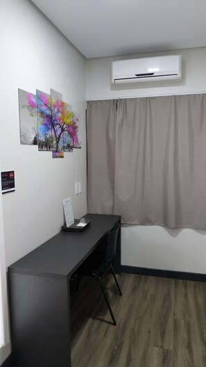 Minibar, desk, laptop workspace, blackout drapes