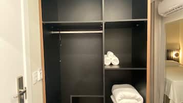 Minibar, desk, laptop workspace, blackout drapes