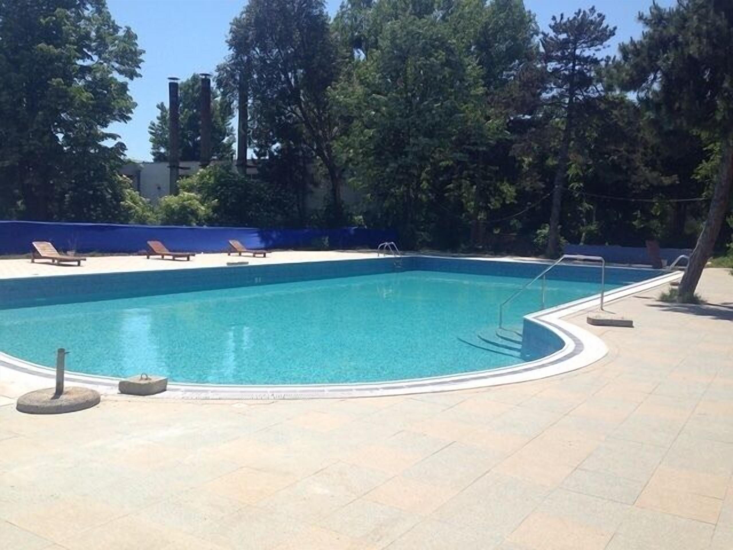 Una piscina rectangular con borde curvo, rodeada por una terraza con azulejos. Se observan sillones de descanso a lo largo del borde de la piscina y una escalera pequeña.