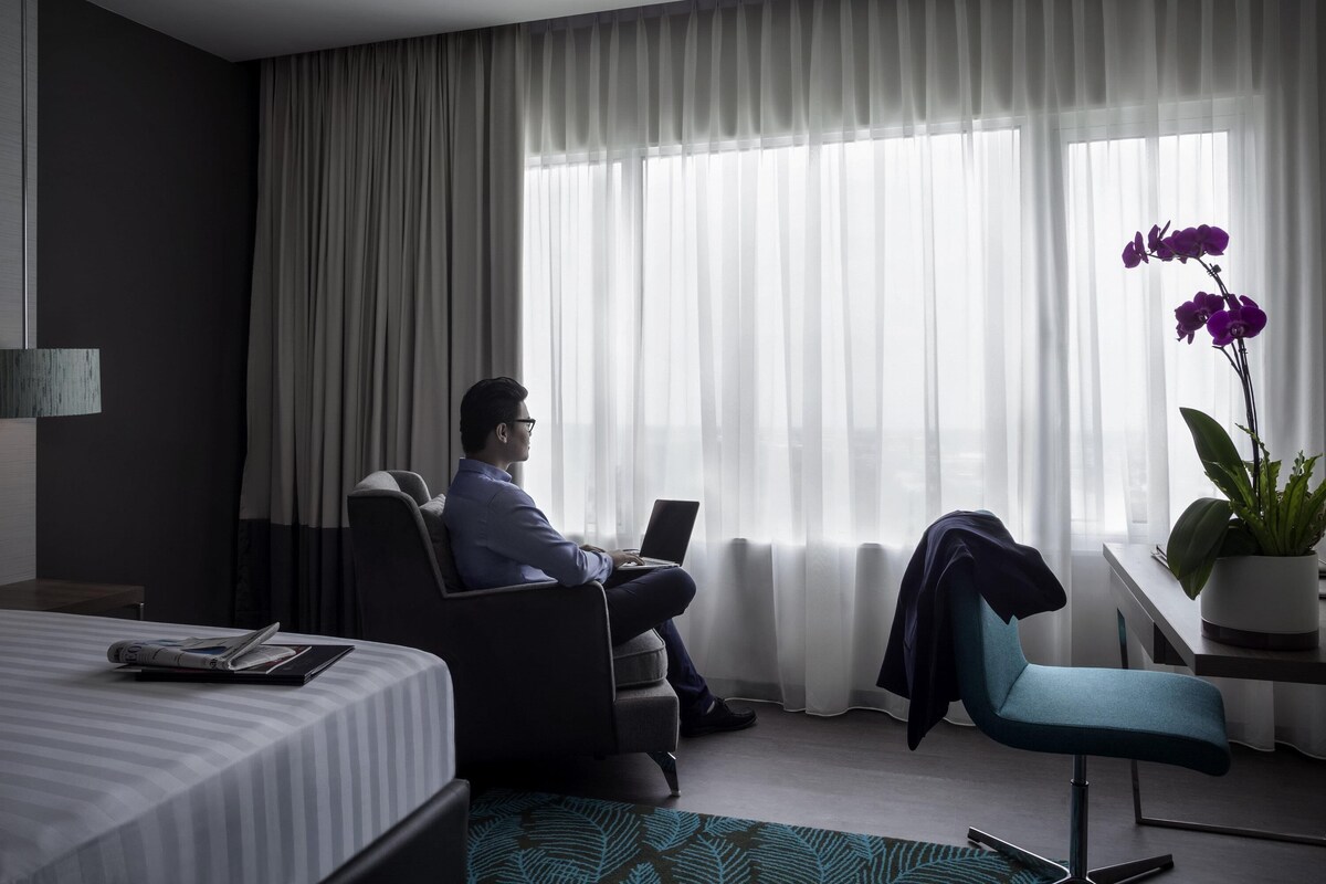 A hotel room with a bed, a desk with a laptop, a chair, a potted plant, and a large window with curtains.