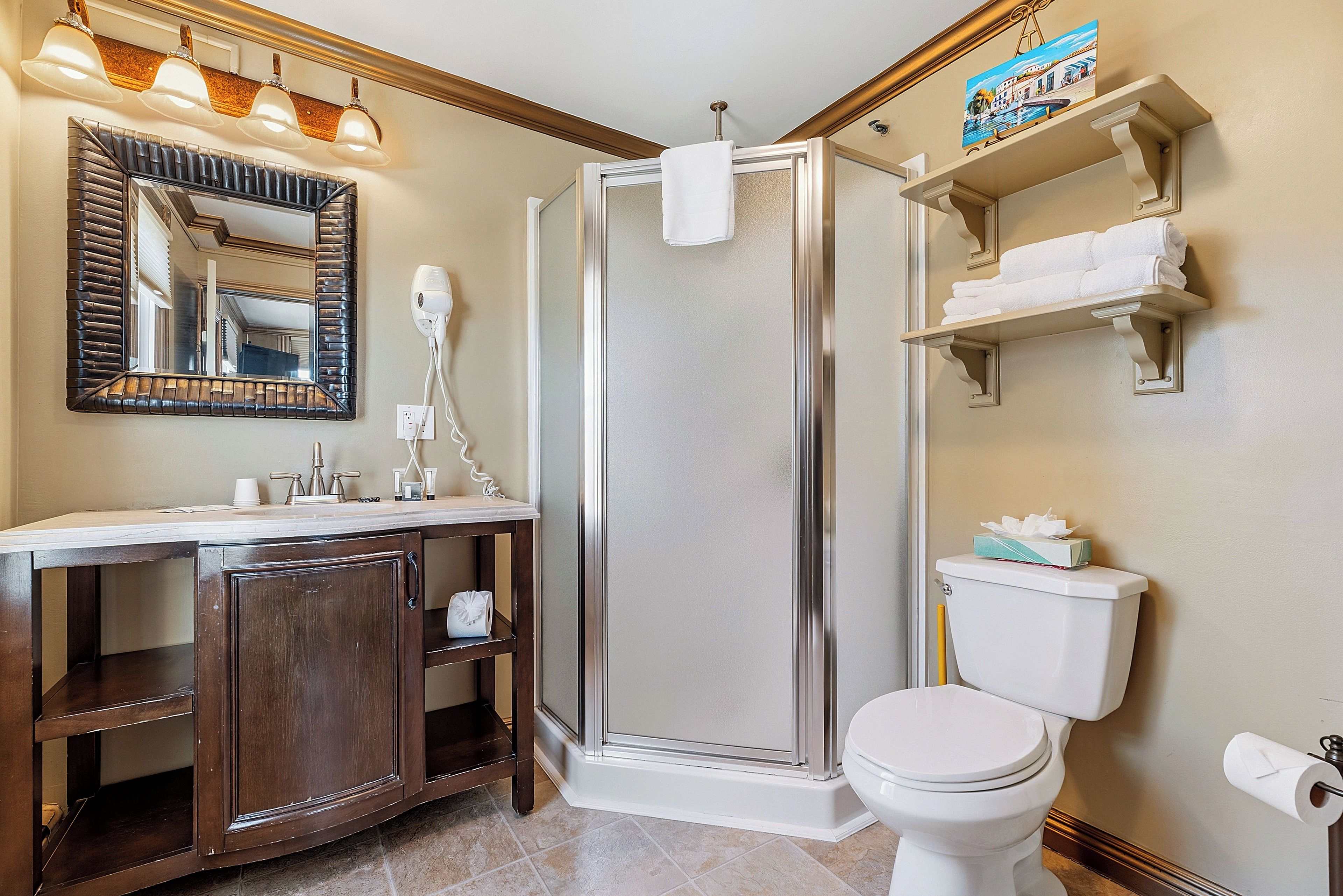 A bathroom with a walk-in shower, a toilet, a sink with a mirror, and a towel rack.