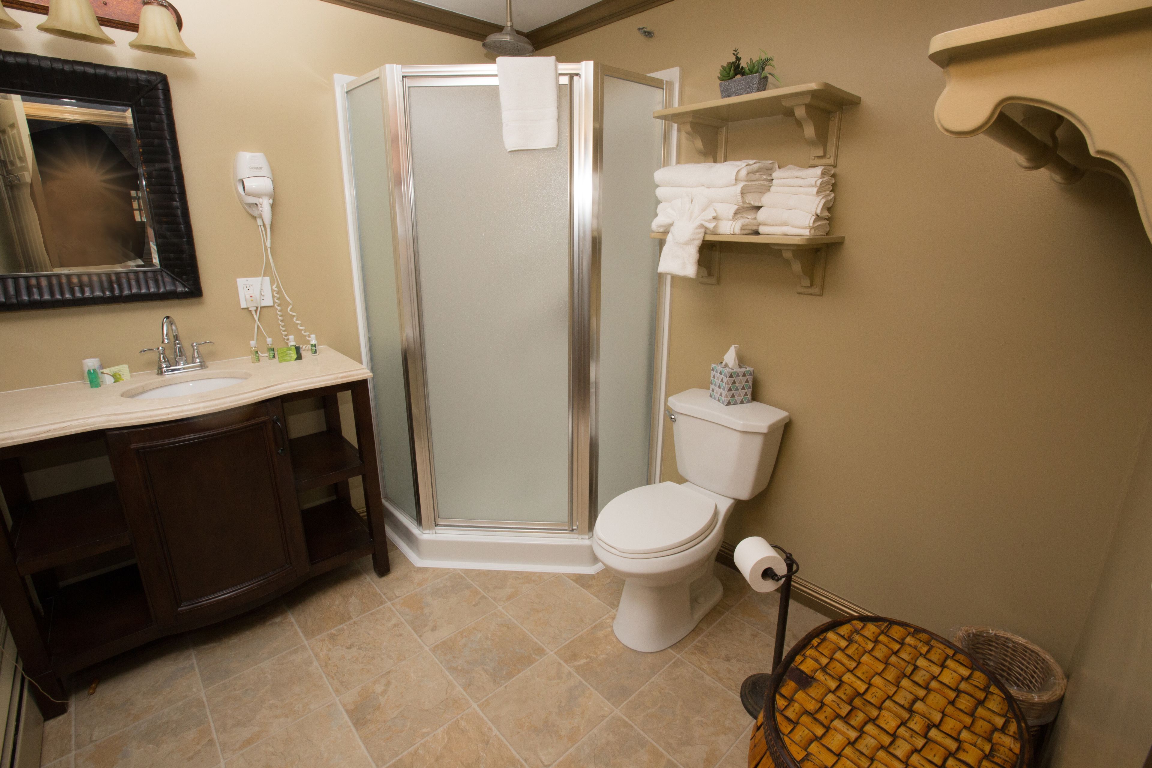 Designer toiletries, hair dryer, towels