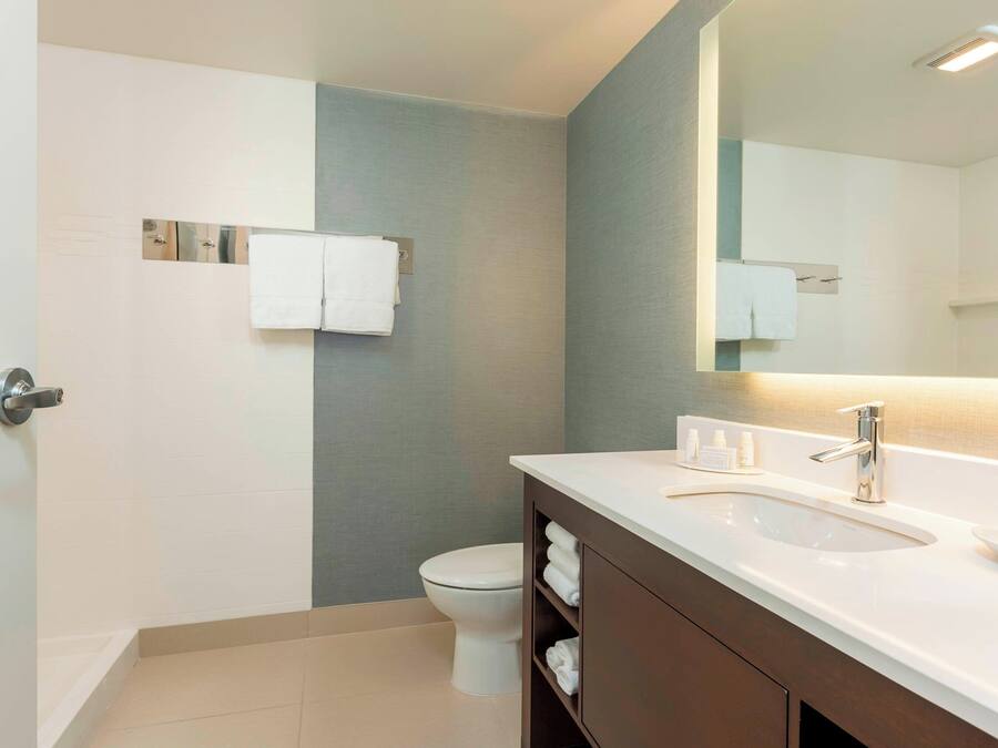 A modern bathroom with a white sink, dark wooden vanity, and a large mirror.
