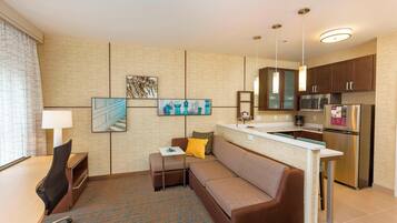Premium bedding, pillow-top beds, desk, laptop workspace
