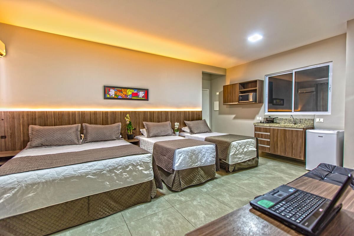 Minibar, desk, laptop workspace, blackout curtains