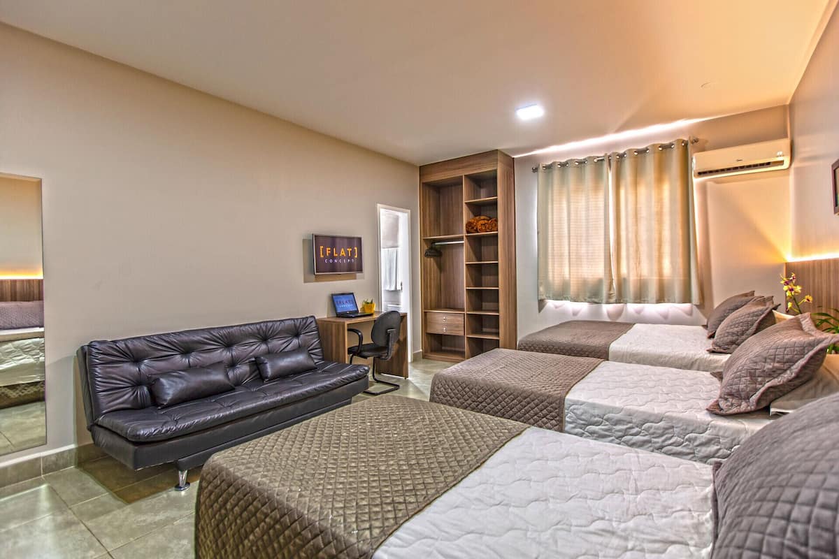 Minibar, desk, laptop workspace, blackout curtains