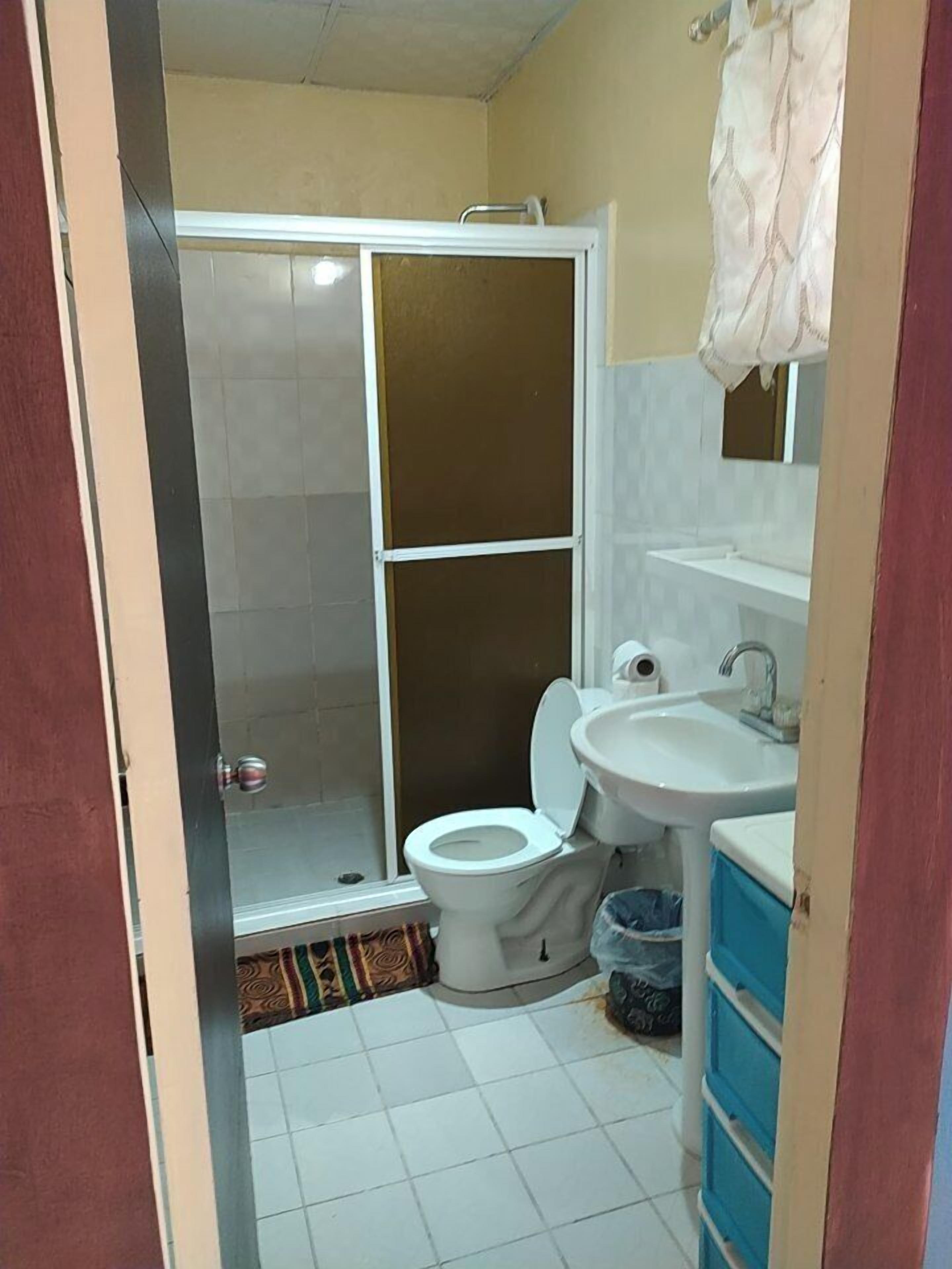 A small bathroom with a toilet, sink, and shower.