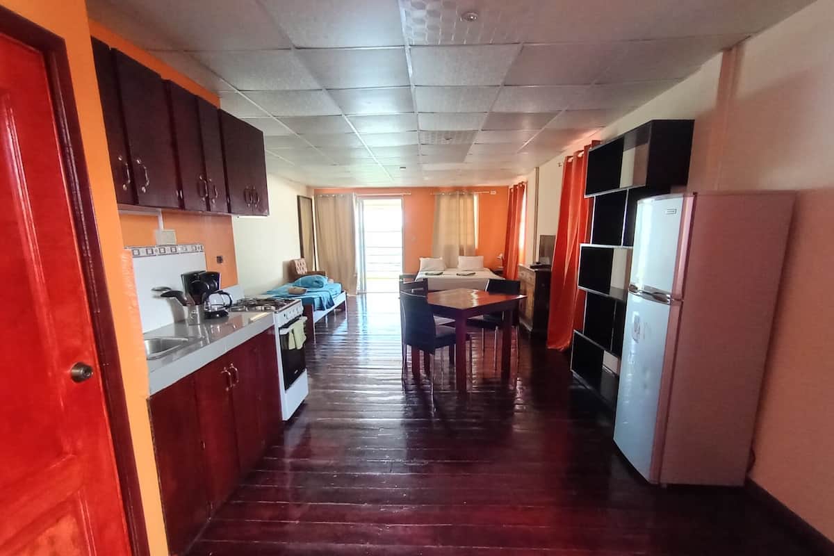 A narrow hallway with a kitchen on one side, a dining area with a table and chairs, and a bed with a blue blanket in the distance.