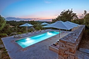 Seasonal outdoor pool, pool umbrellas, pool loungers