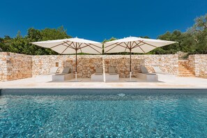 Seasonal outdoor pool, pool umbrellas, sun loungers