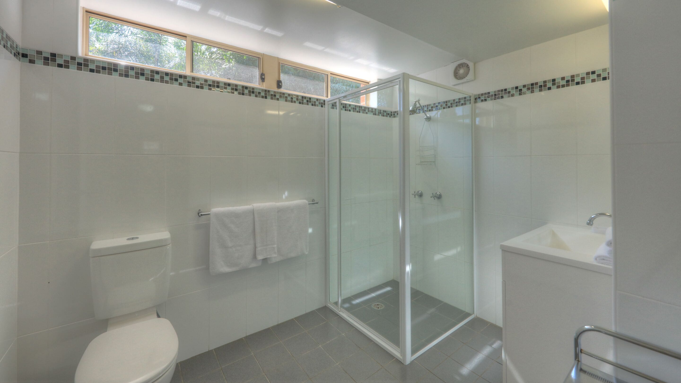Un baño moderno con ducha envuelta en vidrio, inodoro y lavabo.