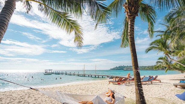 Escena de playa con una hamaca, palmeras y un muelle al fondo.