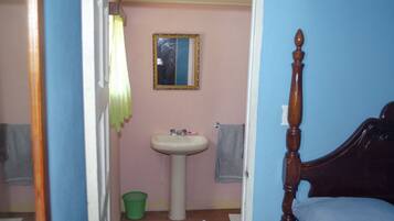 A bedroom with a wooden bed, a bedside table, a green trash bin, a white sink, and a mirror on the wall.