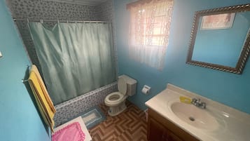 Ein Badezimmer mit Toilette, Waschbecken und Duschvorhang.