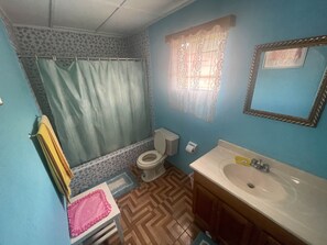 A bathroom with a toilet, sink, and shower curtain.