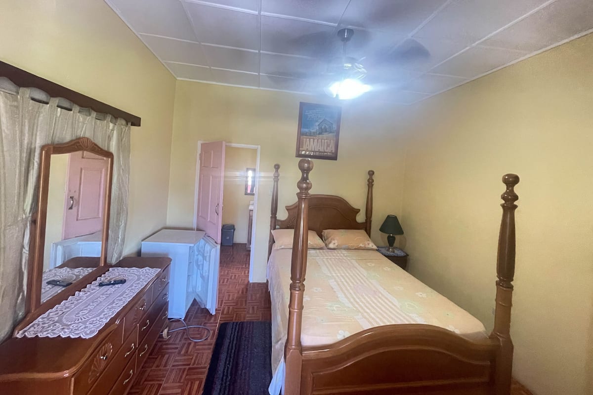 Une chambre à coucher avec un lit en bois, une table de chevet, une commode, un miroir, une porte et une affiche accrochée au mur.