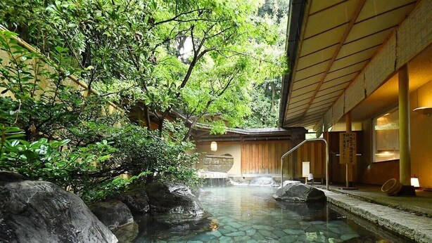 A traditional Japanese onsen with a clear hot spring surrounded by rocks and lush greenery. - Seizan Yamato (Ito)