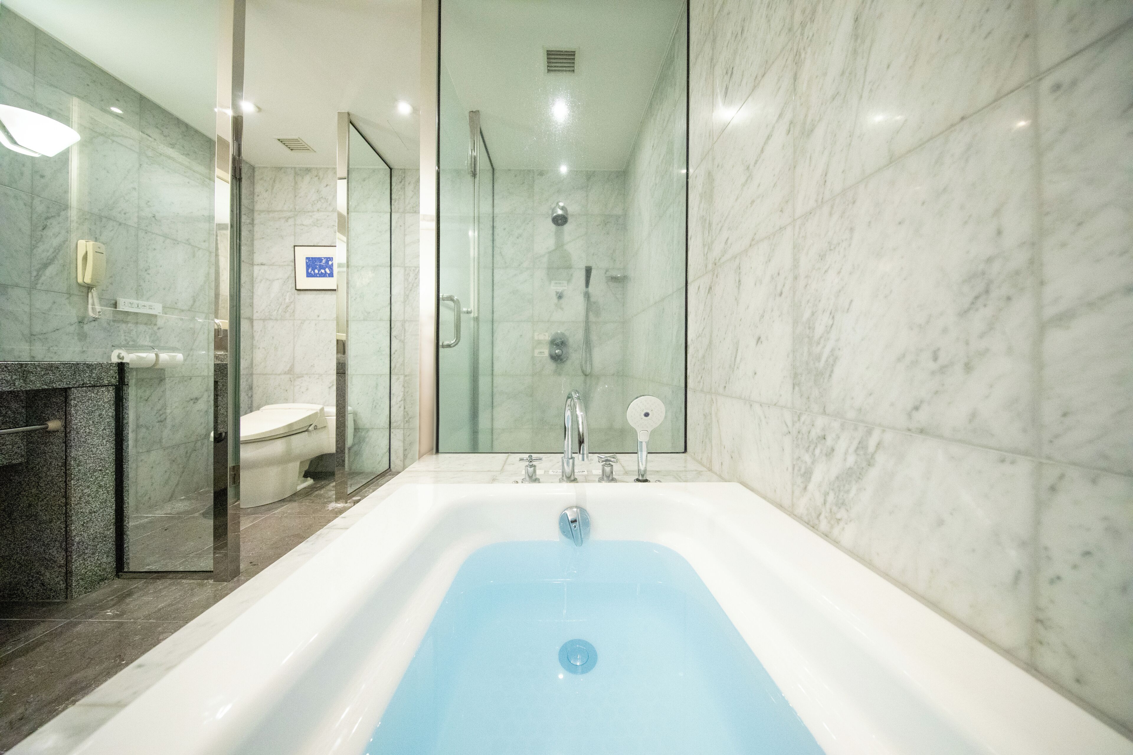 Une salle de bain moderne avec une grande baignoire, une douche à l’italienne et des toilettes.