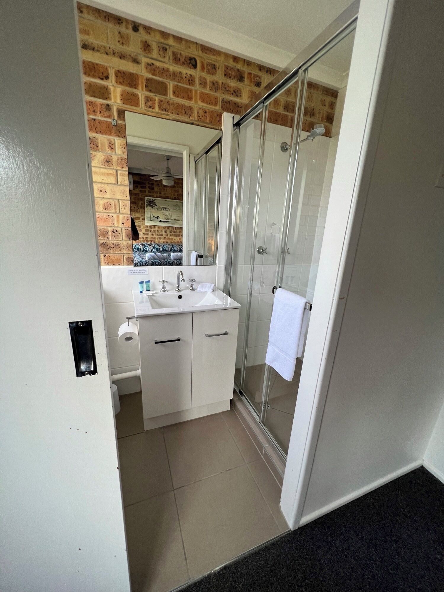 A bathroom with a glass shower enclosure, a white sink, and a mirror.
