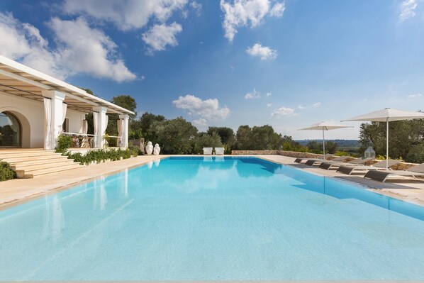 Outdoor pool, pool umbrellas, pool loungers