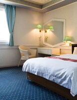 A hotel room with a bed, a desk, a chair, and a large mirror.