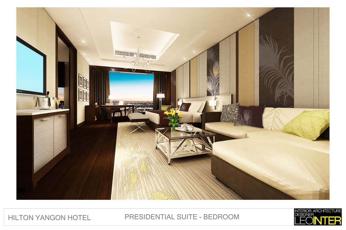 Ein moderner Schlafzimmer-Suitenbereich mit einem großen Bett, einer Couch, einem Couchtisch und Blick auf die Stadt.