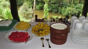 A buffet table with various fruits, a large bowl of white substance, and stacked white plates.