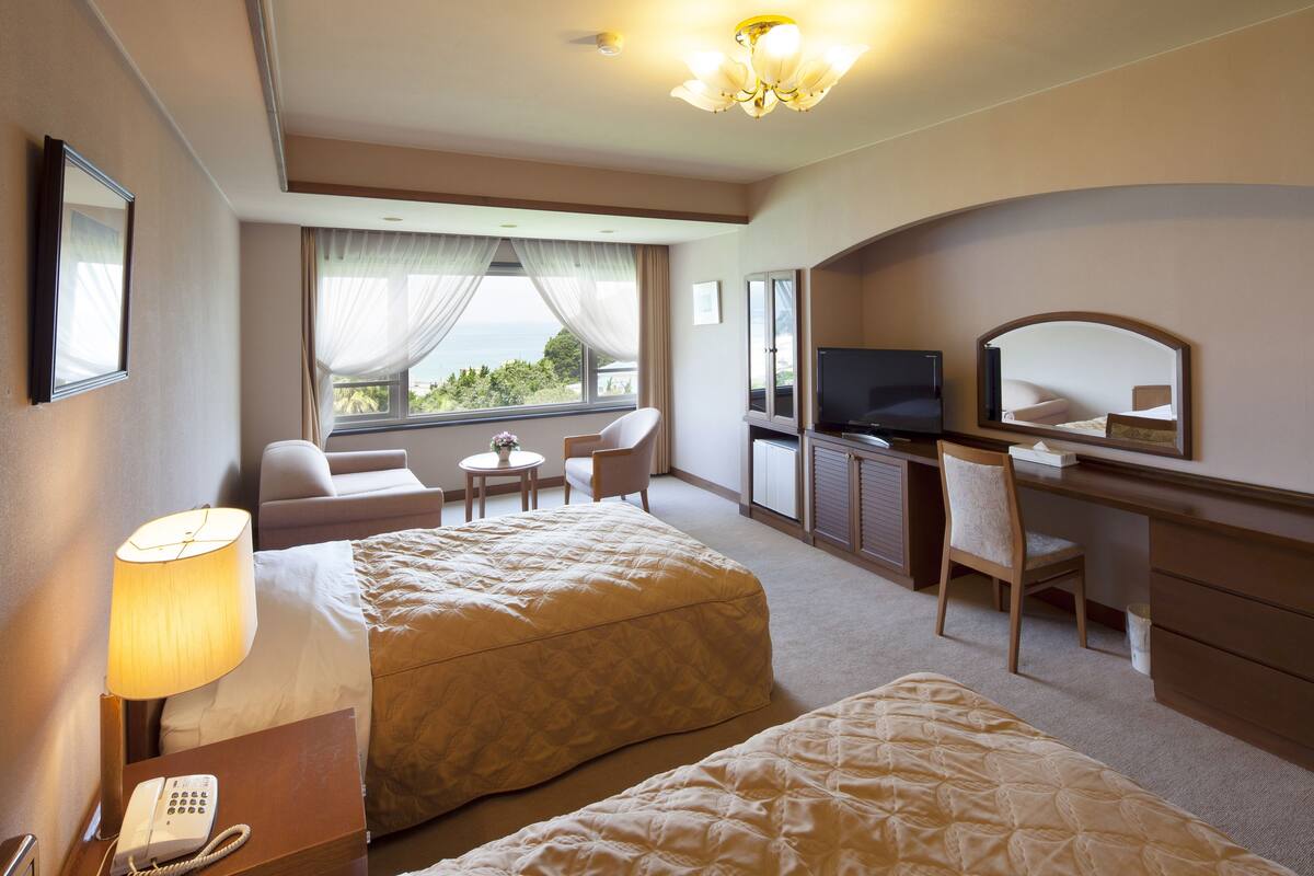 Una habitación de hotel con dos camas, un escritorio, un televisor y vistas al exterior.