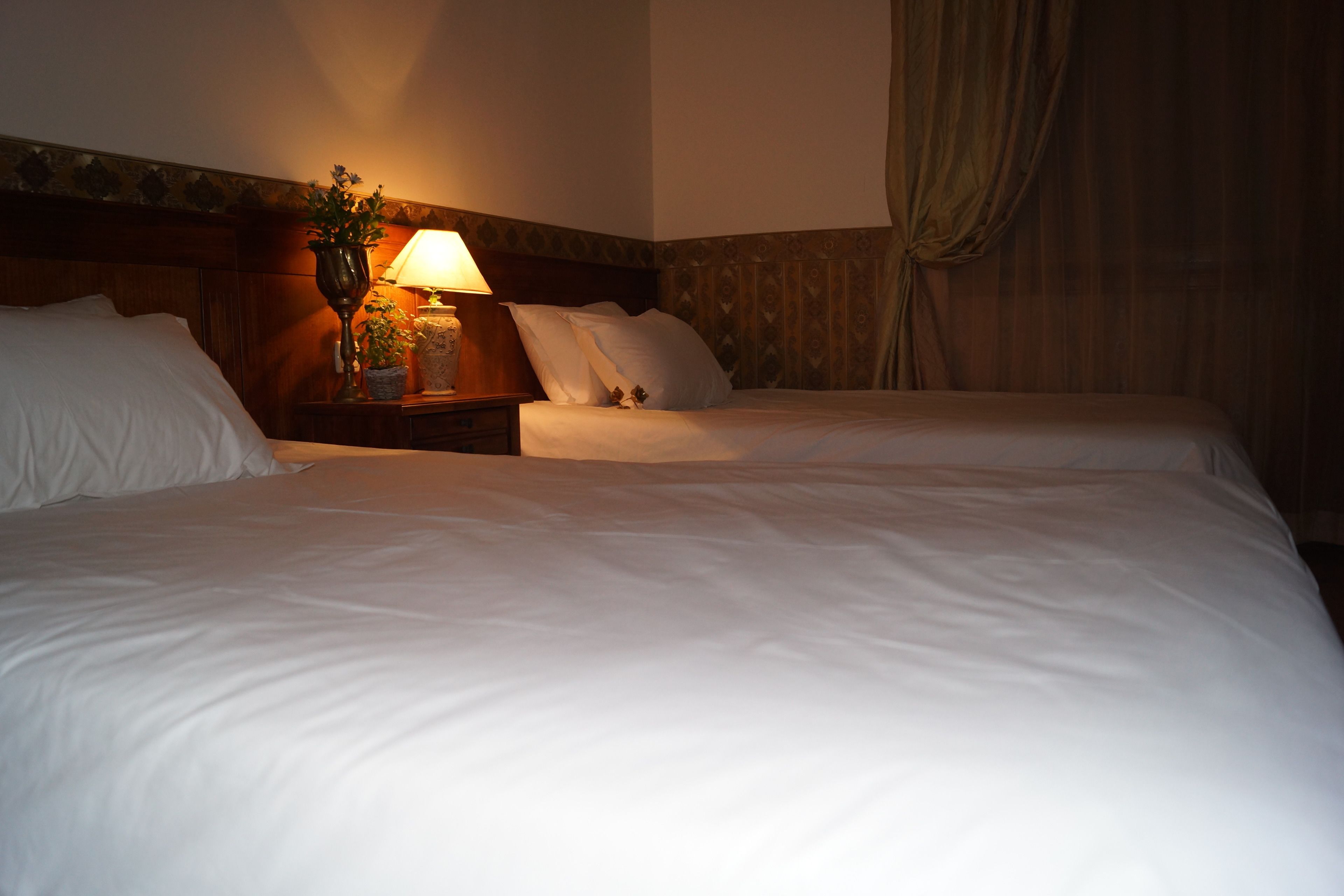 A hotel room with two beds, a nightstand with a lamp and a vase, and a wooden headboard.