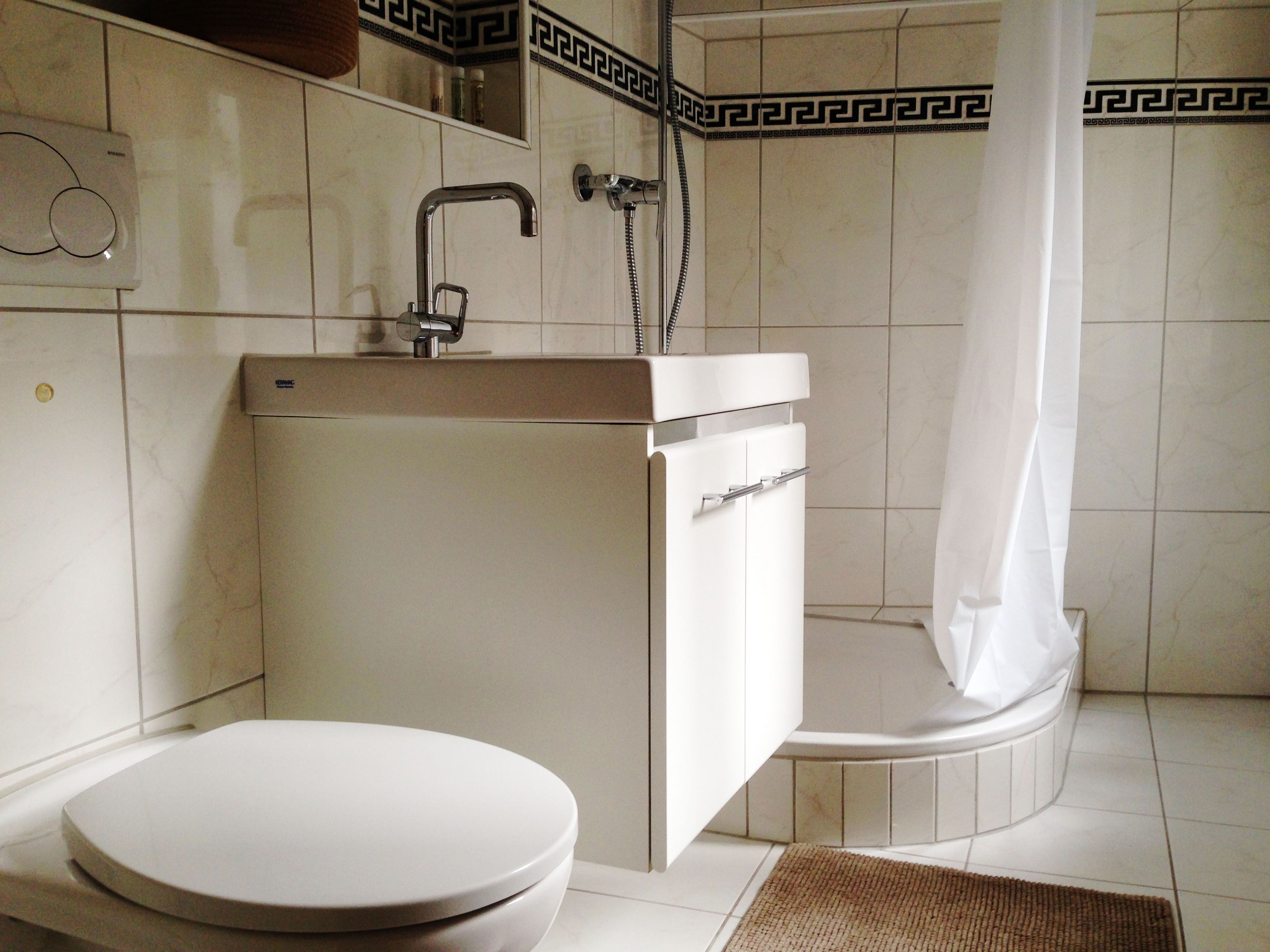 A bathroom with a toilet, a sink, and a shower.