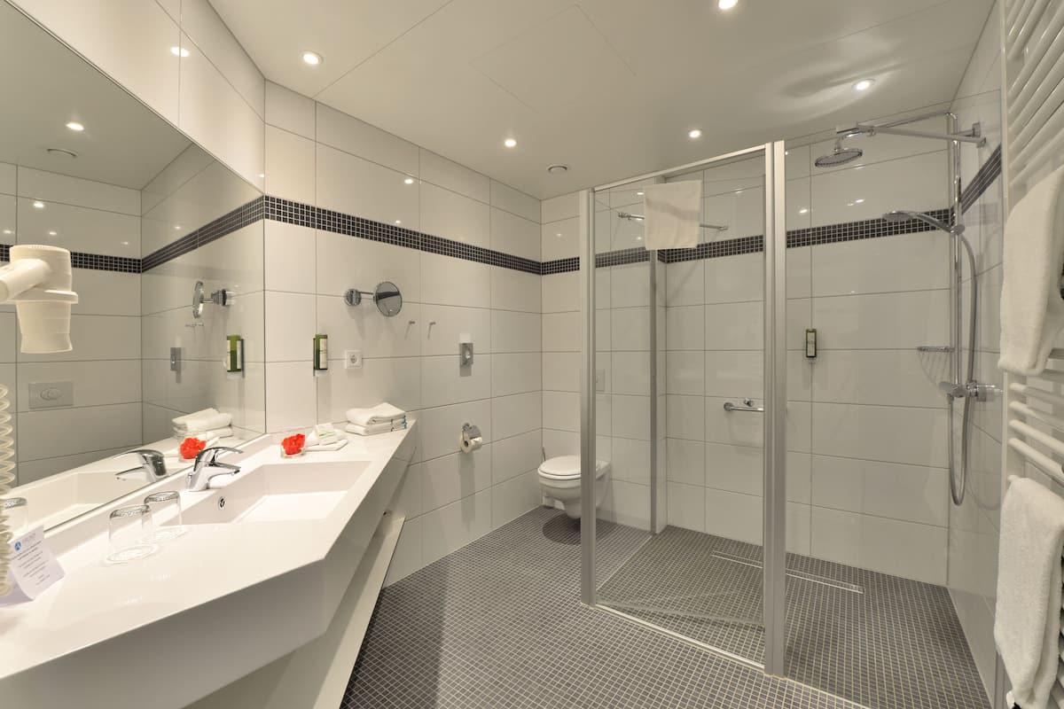 shower, rainfall showerhead, free toiletries, hair dryer