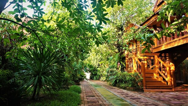 A pathway leading to a traditional wooden building surrounded by lush greenery. - Ruenthai Boutique (Sa Khu)