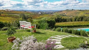 A bench in a lush garden with a vineyard in the background. - Casa LuceSole (Fontanile)