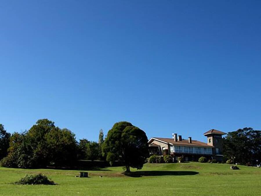 Un extenso campo cubierto de césped con un edificio destacado al fondo.