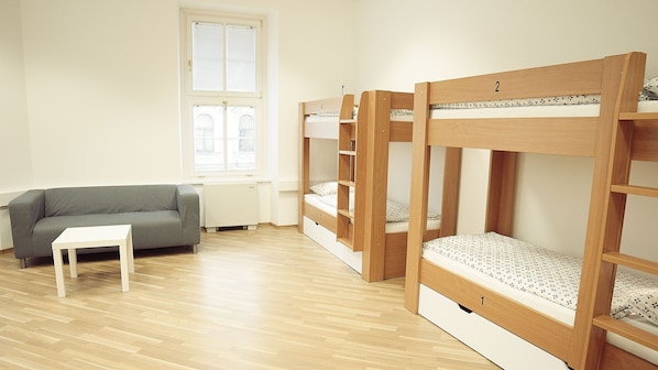 Una habitación con literas, un sofá gris y una mesita.