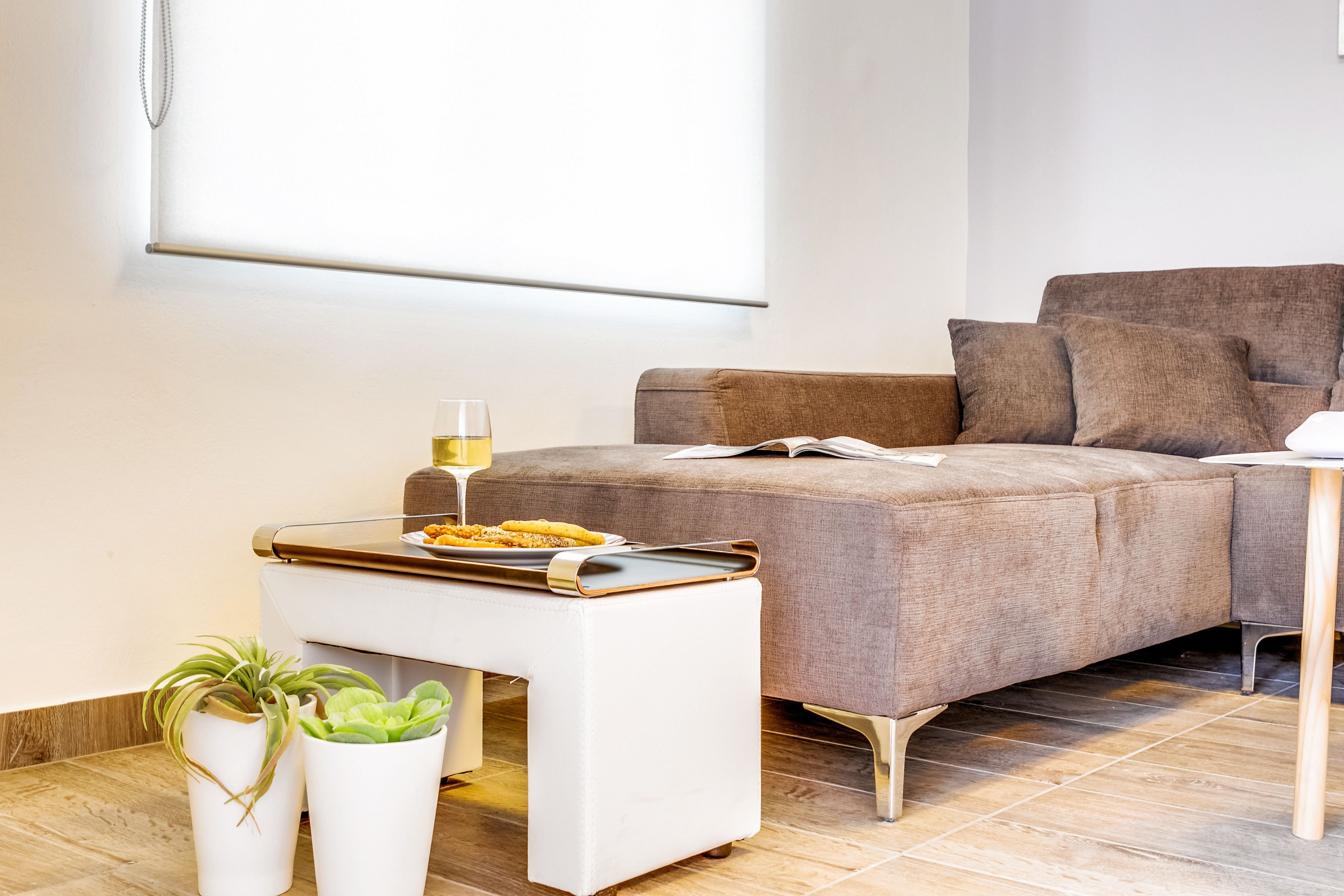 A modern living room with a sofa, a small table with a glass of wine, and two potted plants.