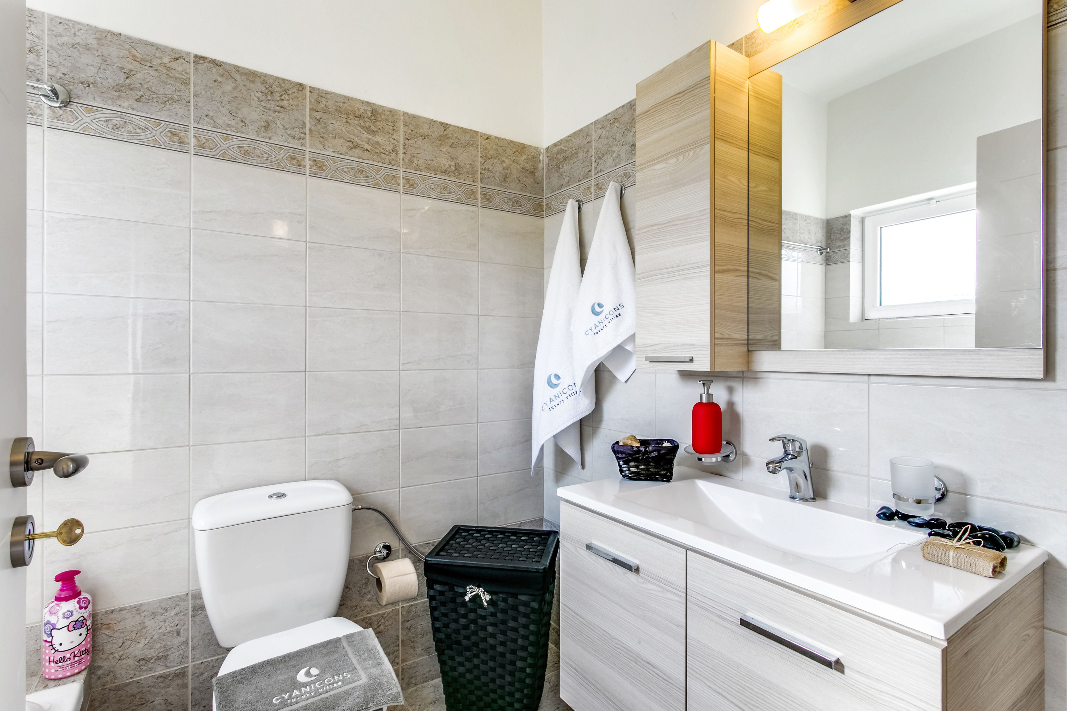 A bathroom with a toilet, sink, and mirror.