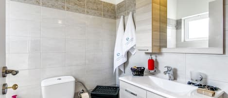 A bathroom with a toilet, sink, and mirror.
