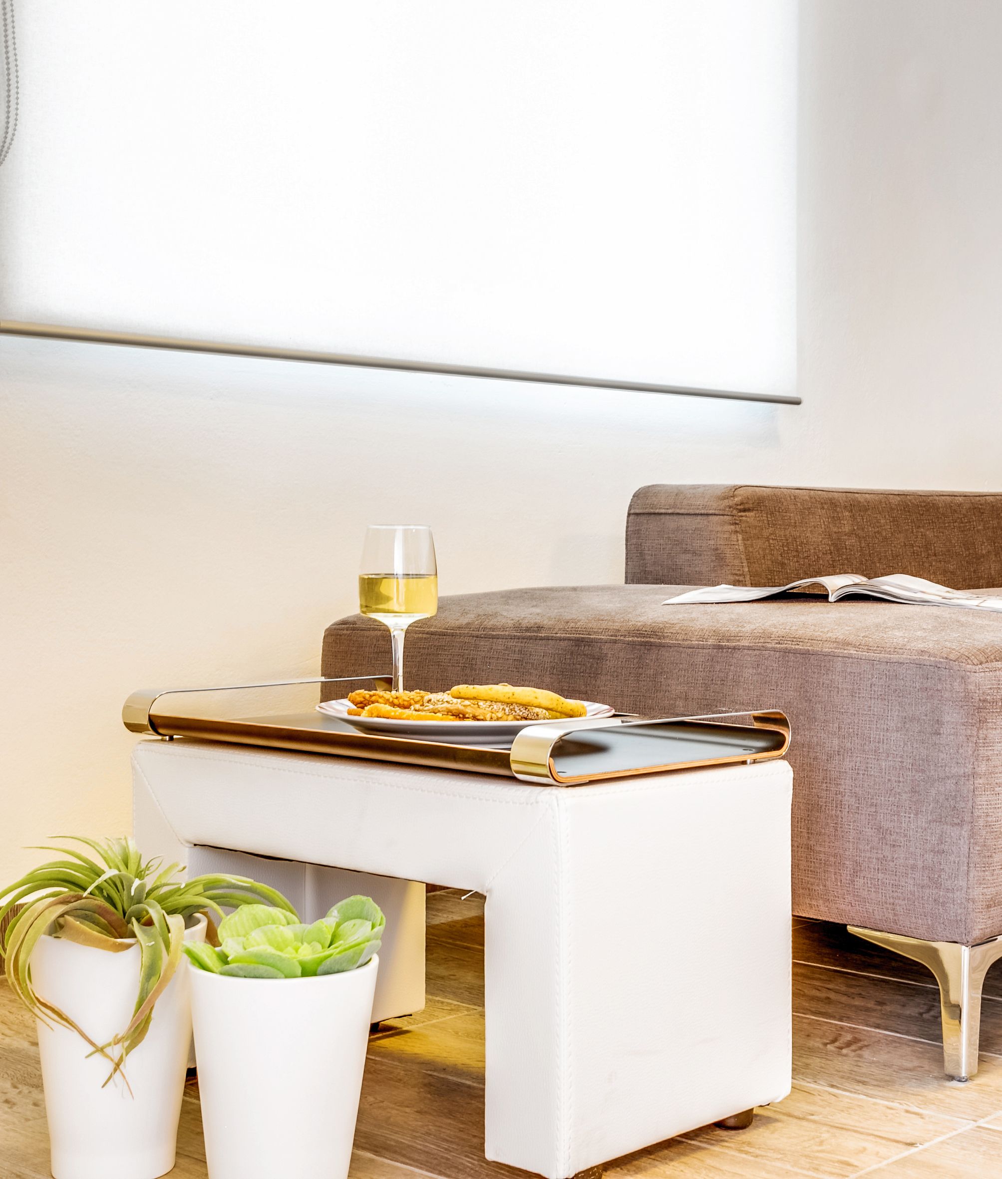 A modern living room with a sofa, a coffee table with a tray of food and a glass of wine, and two potted plants.