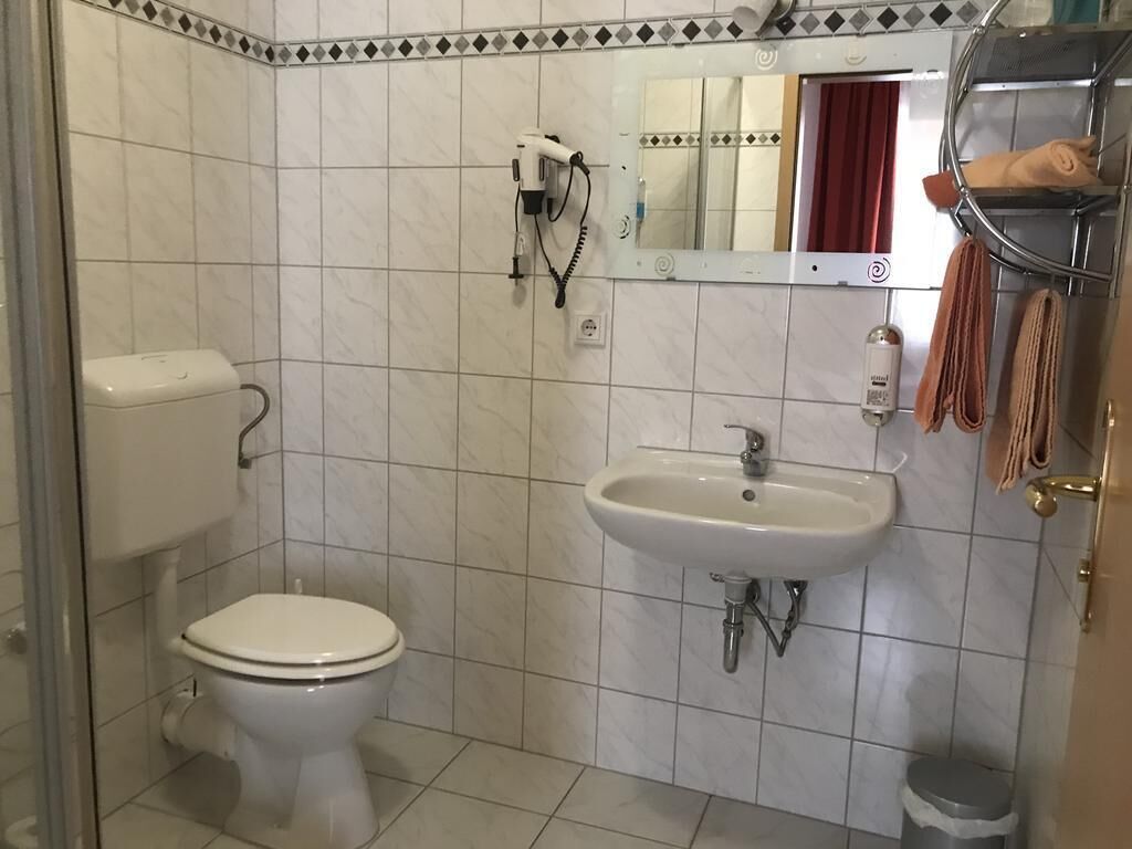 double room (small) | bathroom | shower, hair dryer, towels