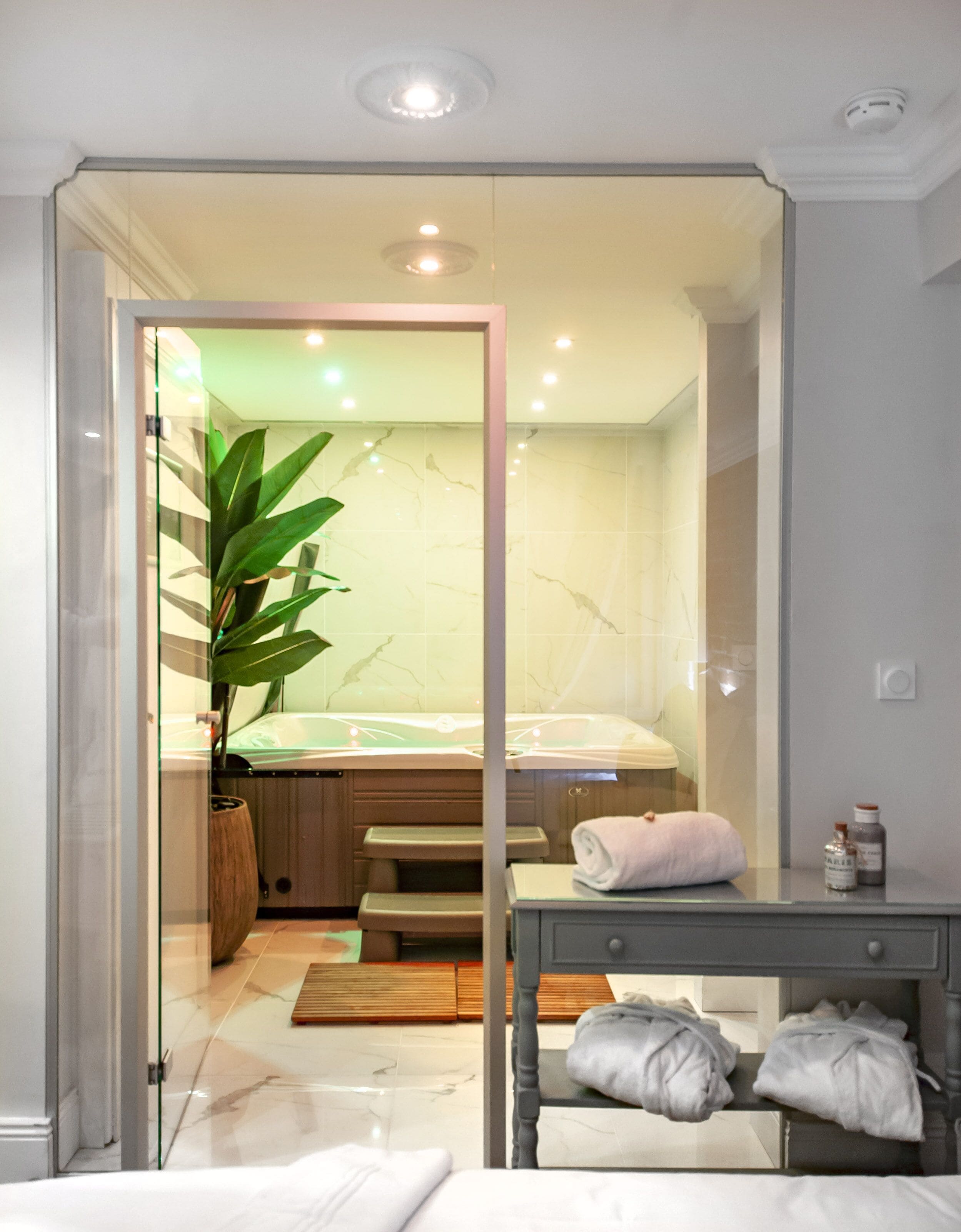 A modern bathroom with a glass partition, a large plant, a bathtub, and a vanity with towels and toiletries.