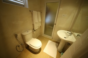 Shower, free toiletries, towels