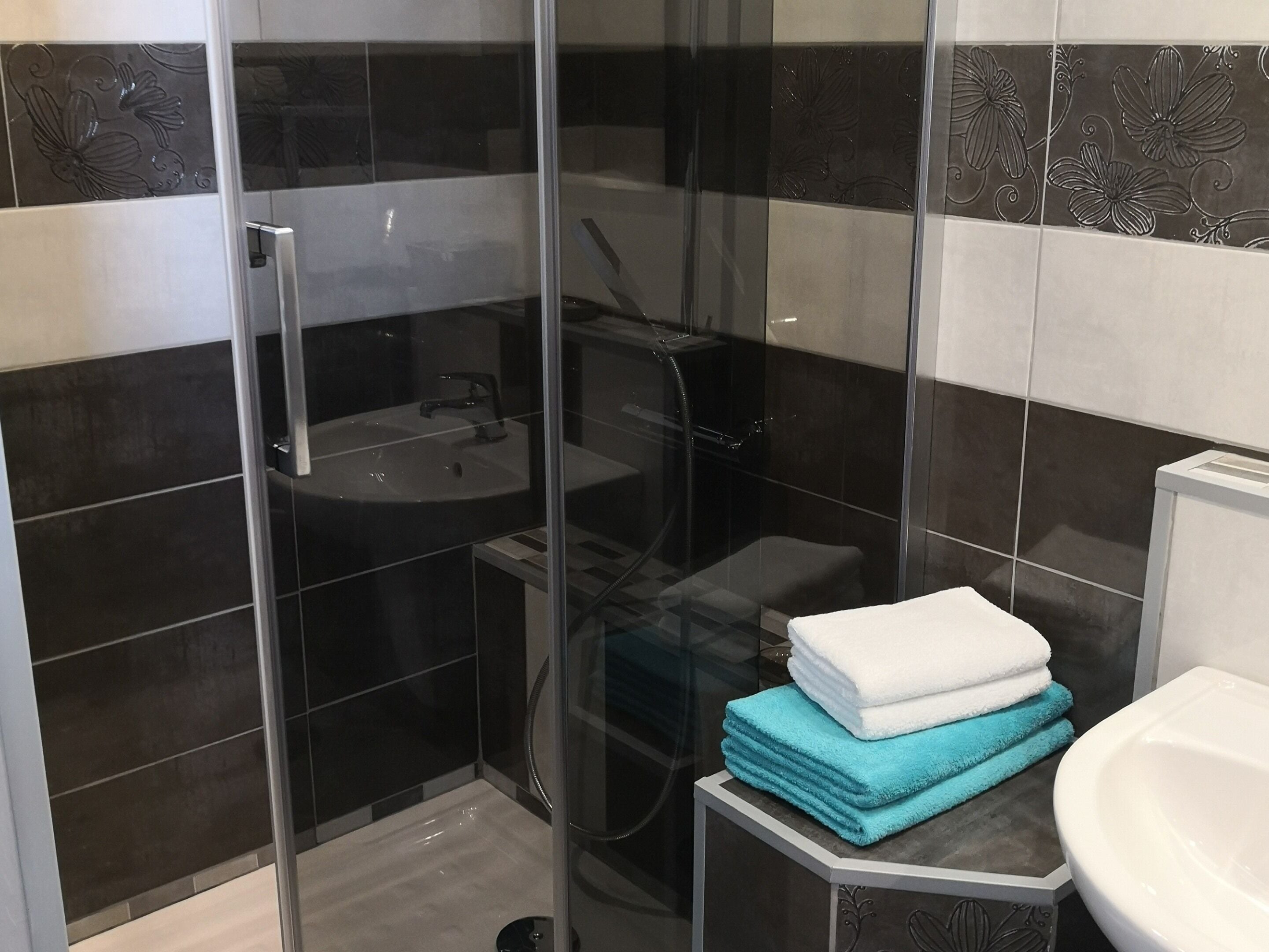 A modern bathroom with a glass-enclosed shower, a sink, and a toilet.