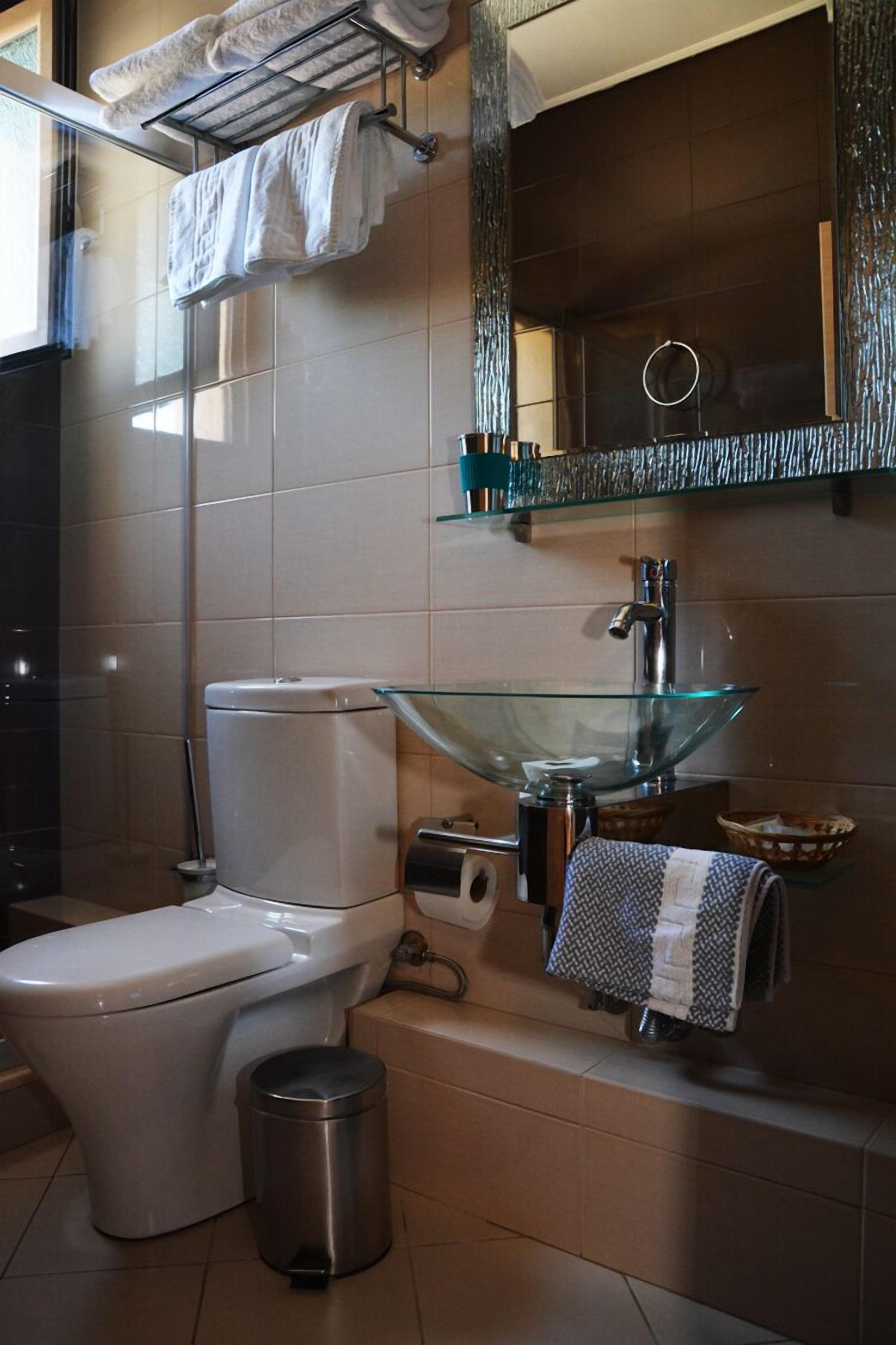 Ein modernes Badezimmer mit einem Waschbecken aus Glas, einer Toilette, einem Mülleimer und einem Handtuchhalter.