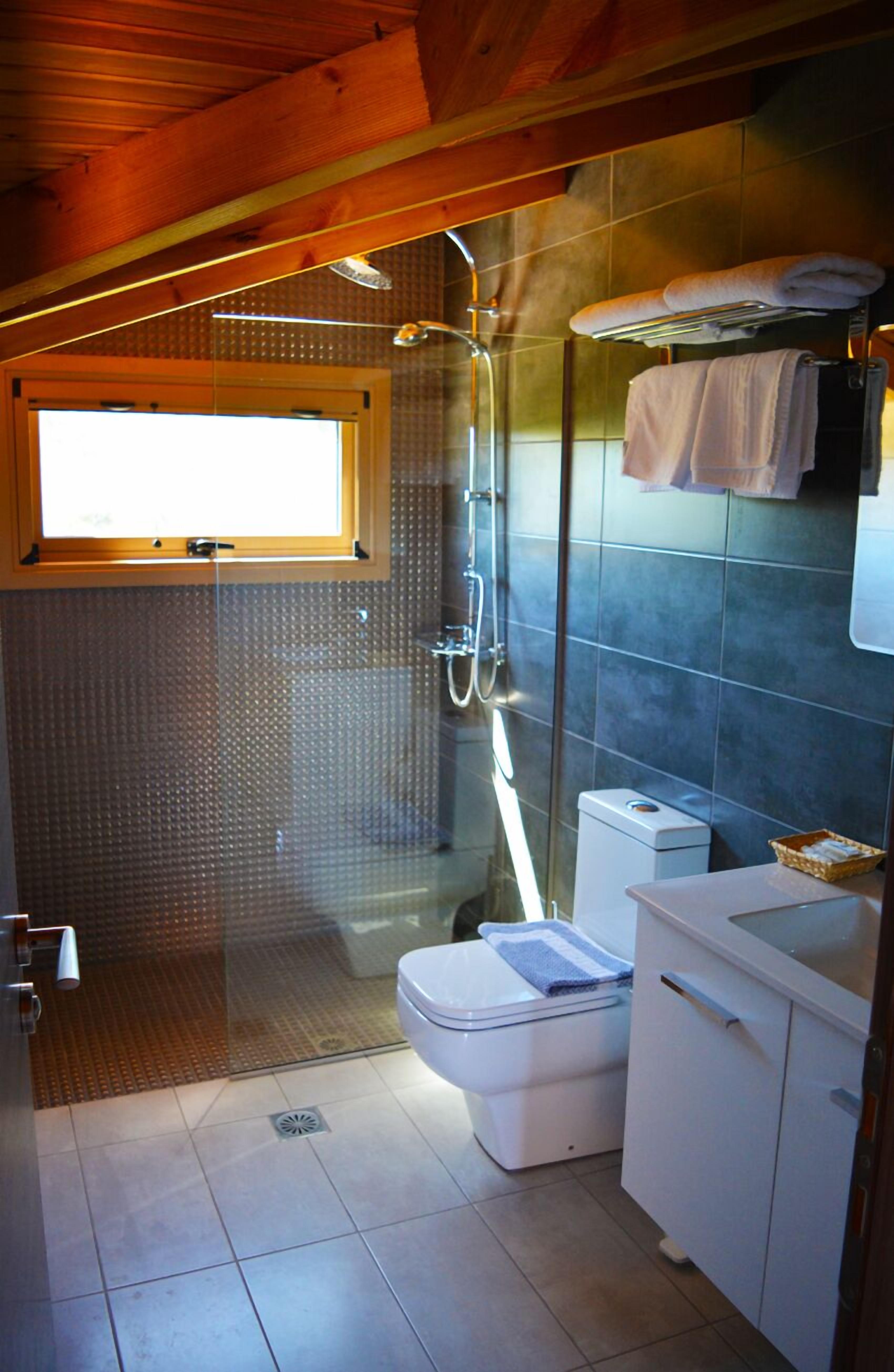 Un baño moderno con ducha, inodoro y lavamanos.